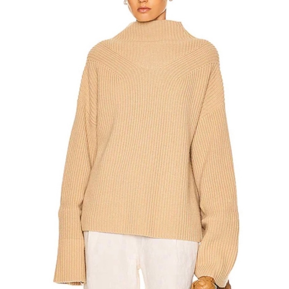 NWT A.L.C Louise Merino Wool Pullover Sweater Mock Neck Elongated Sleeve Camel M